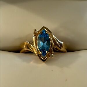 10K Yellow Gold Marquise Blue Topaz Ring w/ Diamond Chips Size 5.75”